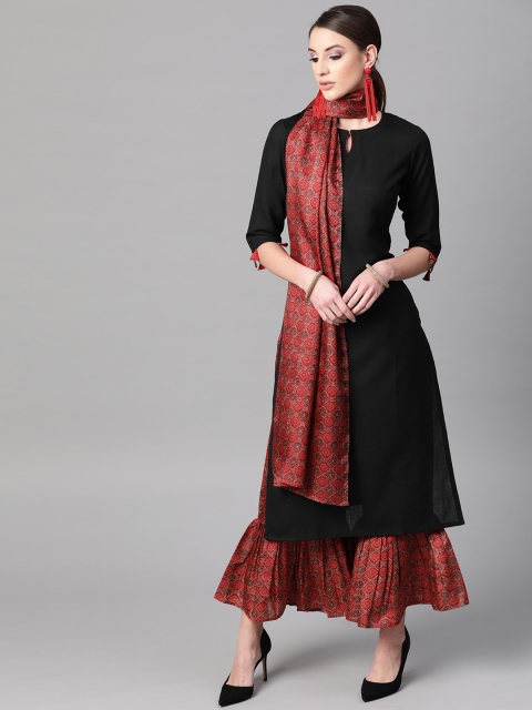 

GERUA Women Black & Maroon Solid Kurta with Palazzos & Stole
