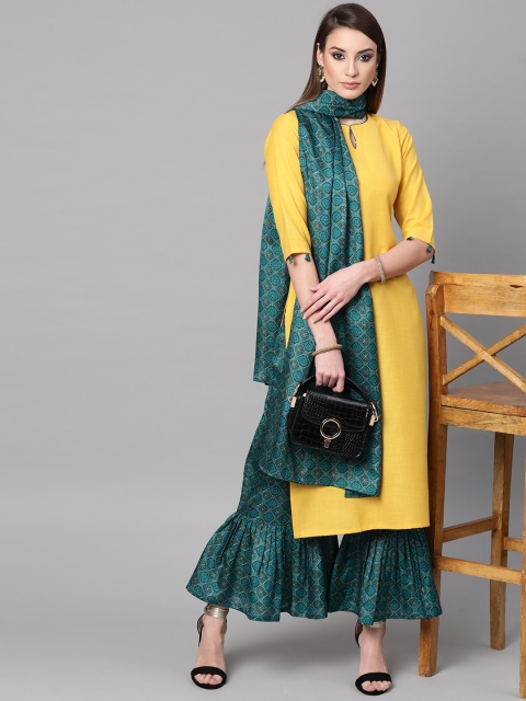 

GERUA Women Yellow & Green Solid Kurta with Palazzos & Stole