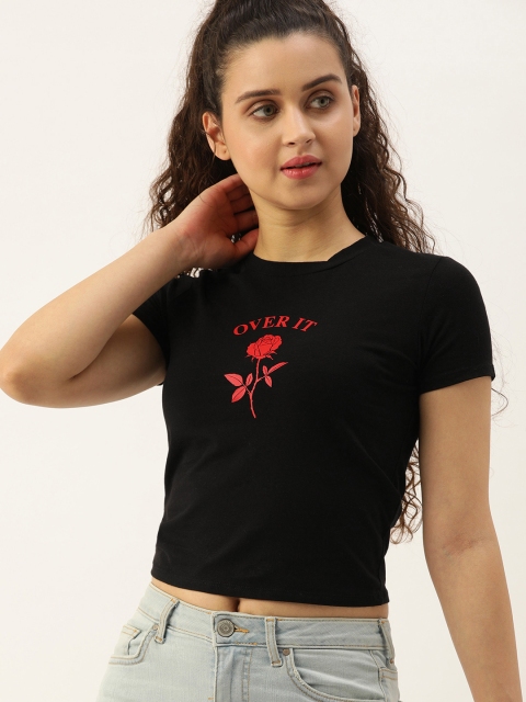 

FOREVER 21 Women Black Printed Cropped Tshirt
