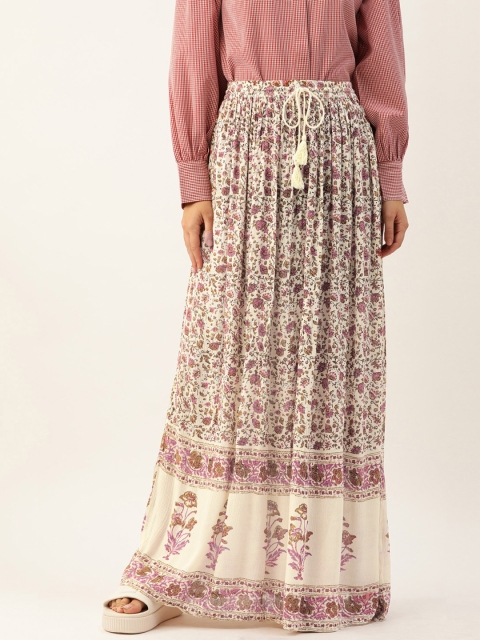 

FOREVER 21 Women Off-White & Pink Printed Maxi Flared Skirt