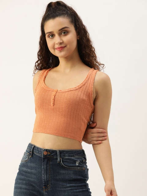 

FOREVER 21 Women Orange Cropped Ribbed Fitted Top