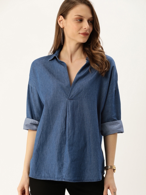 

FOREVER 21 Women Blue Solid Shirt Style Chambray Pure Cotton Top