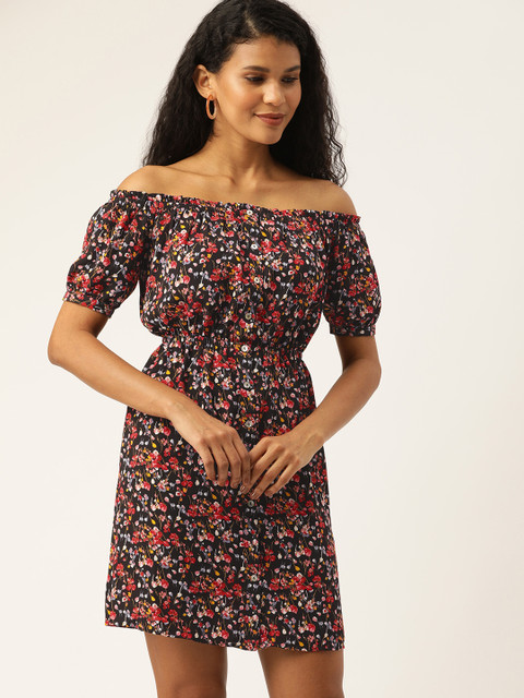 

FOREVER 21 Women Black Printed Fit and Flare Dress