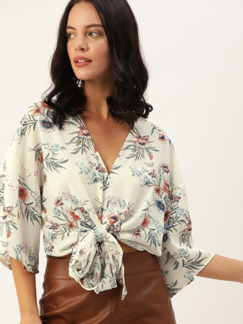 

FOREVER 21 Women Off-White & Teal Blue Printed Cinched Waist Top