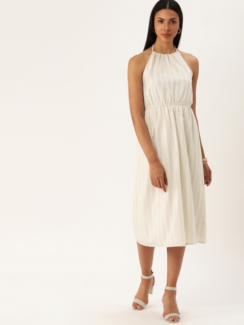 

FOREVER 21 Women Beige & White Striped Fit and Flare Dress With Gathered Detail