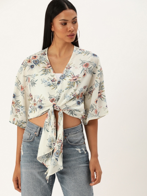

FOREVER 21 Women Beige Printed Cinched Waist Top With Tie-up Detail