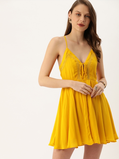 

FOREVER 21 Women Mustard Yellow Solid Fit and Flare Dress With Lace Inserts Detail