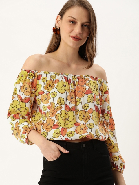 

FOREVER 21 Women Yellow Printed Bardot Top