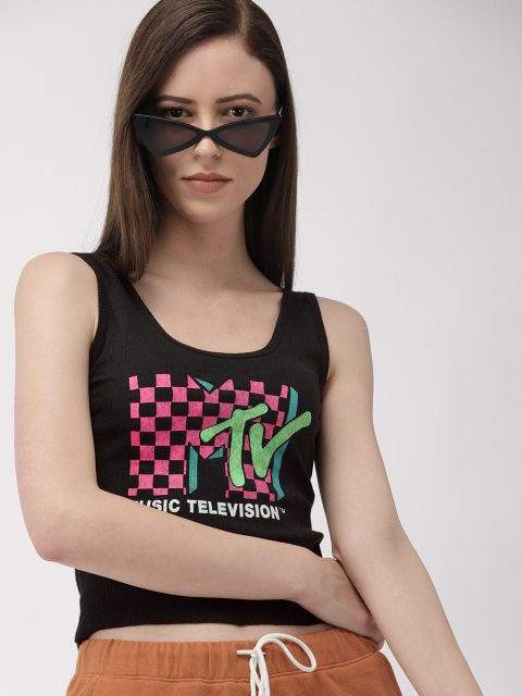 

FOREVER 21 Women Black Printed Cropped Tank Top