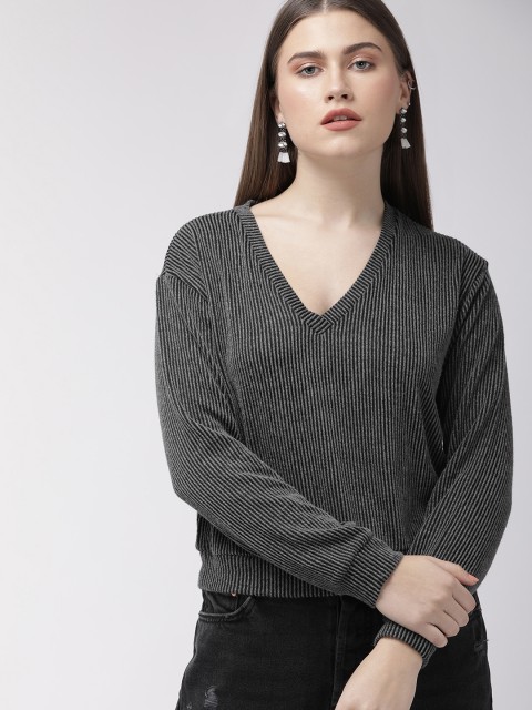 

FOREVER 21 Women Charcoal Grey & Black Striped Top