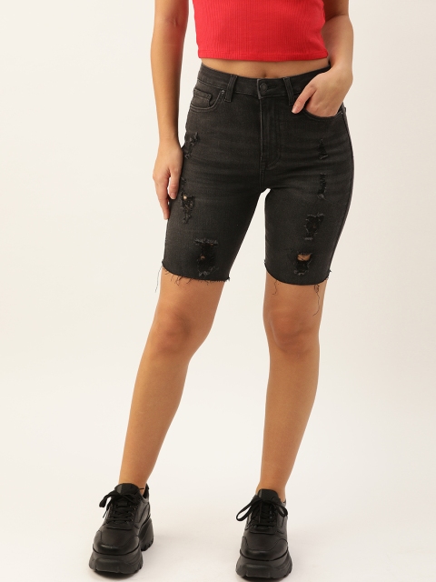 

FOREVER 21 Women Black Solid Regular Fit Distressed Denim Shorts