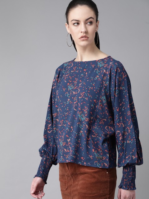 

Roadster Women Navy Blue & Pink Printed Boxy Top