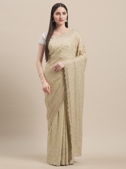 

Mitera Beige Embroidered Pure Georgette Saree