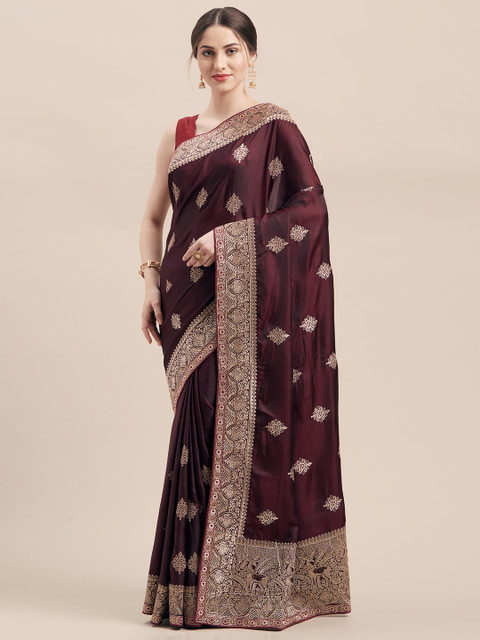 

Mitera Red & Gold-Toned Satin Embroidered Saree