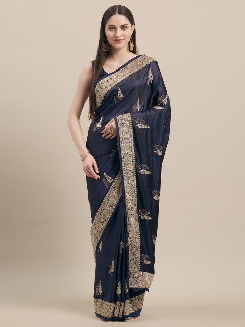 

Mitera Navy Blue & Gold-Toned Satin Embroidered Saree