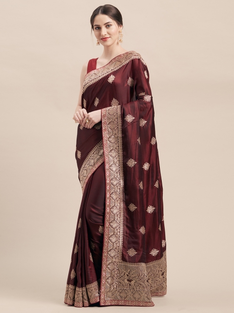 

Mitera Maroon & Gold-Toned Satin Embroidered Saree