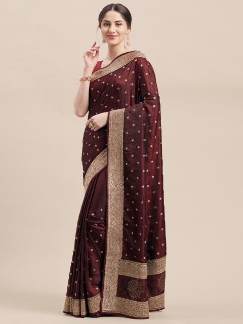 

Mitera Maroon & Gold-Toned Satin Embroidered Saree