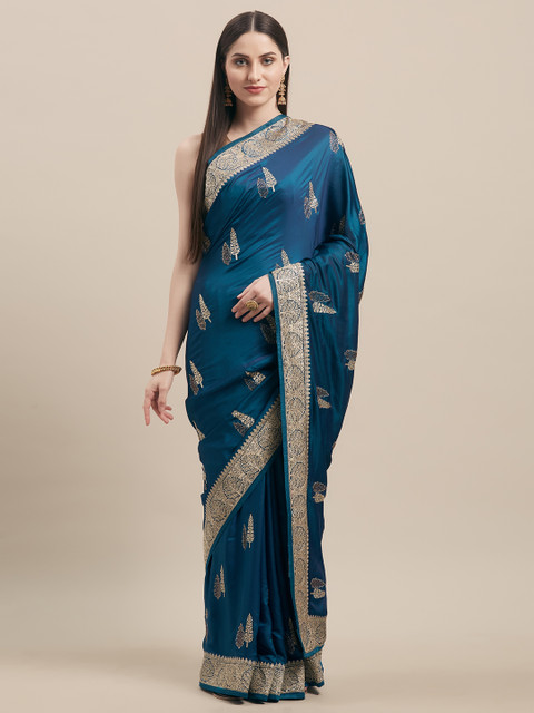 

Mitera Teal & Gold-Toned Satin Embroidered Saree