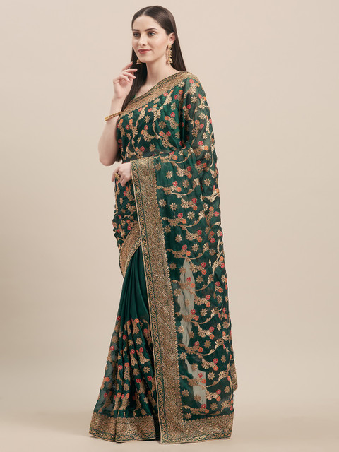 

Mitera Green & Gold-Toned Poly Georgette Embroidered Leheriya Saree