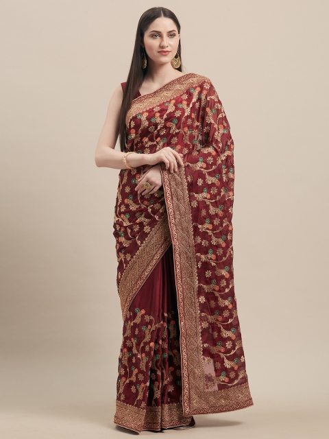 

Mitera Maroon & Gold-Toned Poly Georgette Embroidered Leheriya Saree