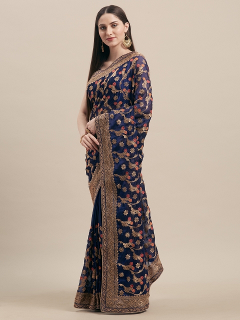 

Mitera Blue & Gold-Toned Poly Georgette Embroidered Leheriya Saree