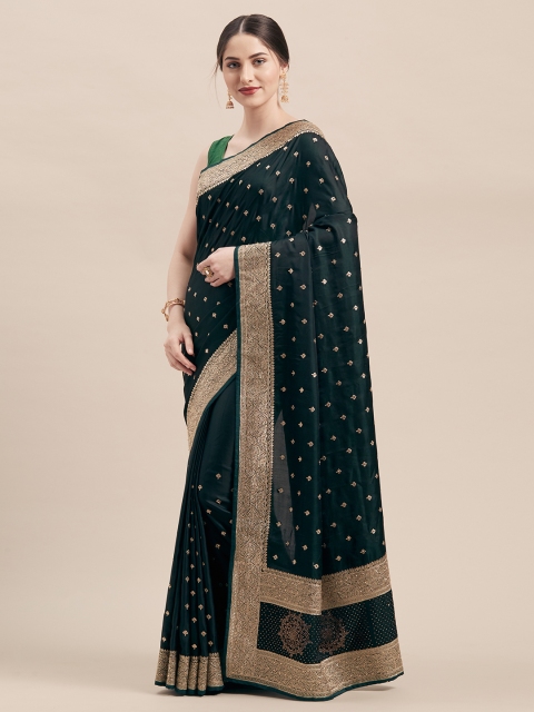 

Mitera Green & Gold-Toned Satin Embroidered Saree