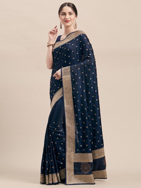 

Mitera Navy Blue Embroidered Satin Saree
