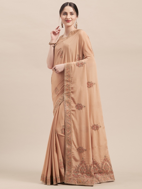 

Mitera Peach-Coloured Embroidered Poly Silk Saree
