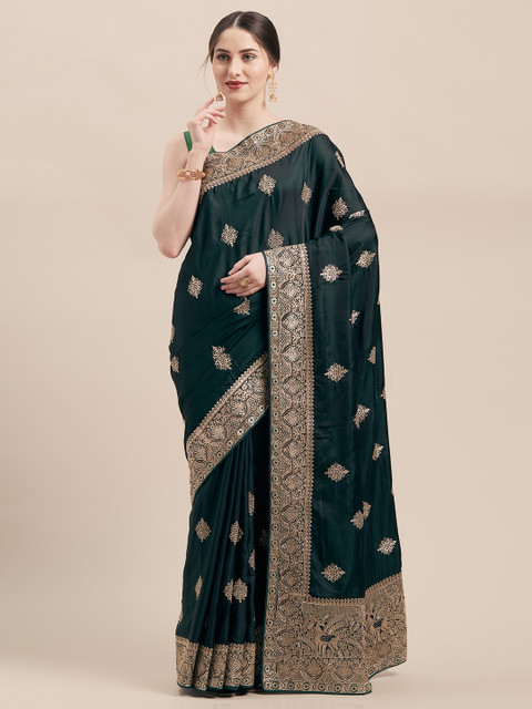 

Mitera Green Embroidered Satin Saree