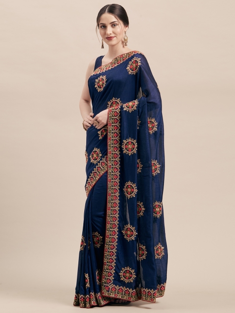 

Mitera Navy Blue Embroidered Poly Silk Saree