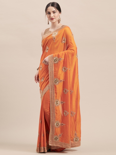 

Mitera Orange & Beige Embroidered Poly Silk Saree