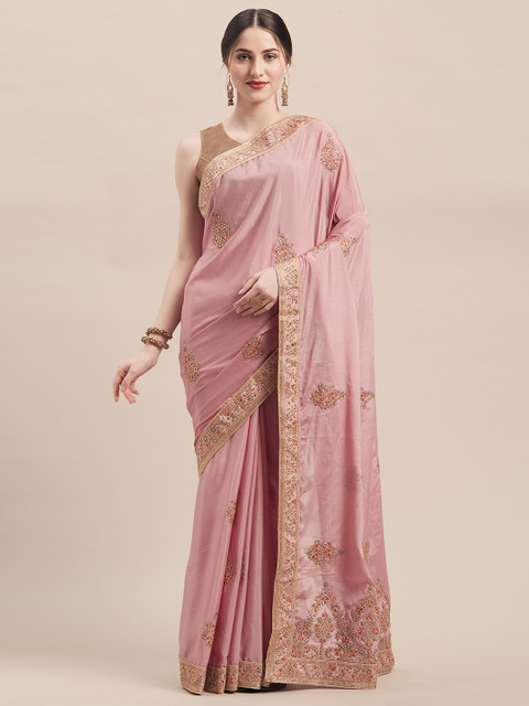 

Mitera Pink Embroidered Poly Silk Saree