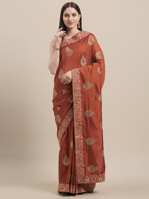 

Mitera Brown Embroidered Poly Silk Saree