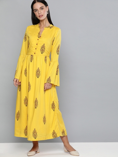 

HERE&NOW Women Yellow Printed A-Line Dress