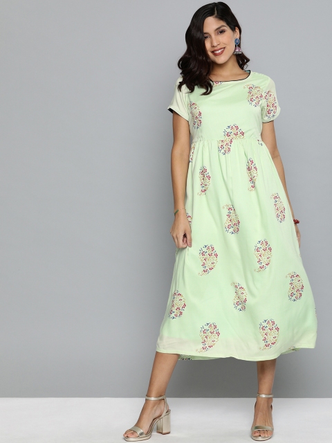 

HERE&NOW Women Sea Green Printed Fit and Flare Dress