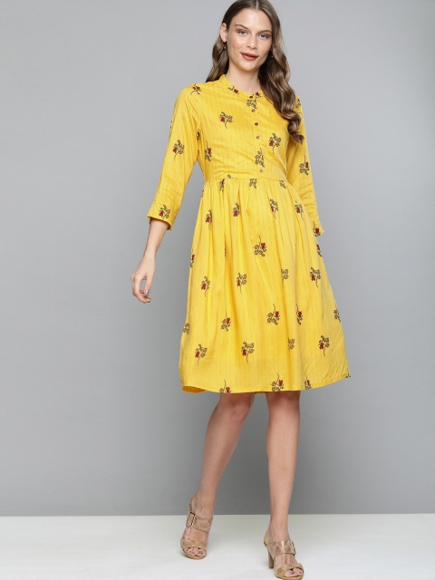 

HERE&NOW Women Yellow Printed Fit and Flare Dress