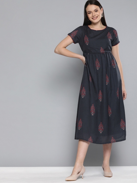 

HERE&NOW Women Navy Blue & Red Printed Fit and Flare Dress With Gathered Detail