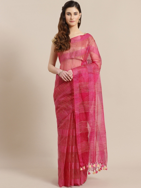 

Kalakari India Pink & Beige Self-Checked Handwoven Saree