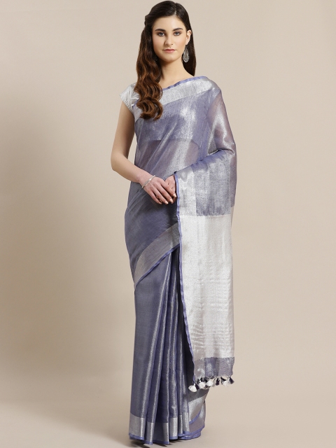 

Kalakari India Blue & Silver Dual-Tone Handwoven Handcrafted Solid Sustainable Saree