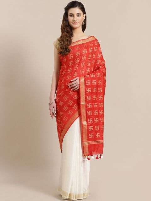 

Kalakari India Red & White Zari Handwoven Half & Half Sustainable Saree