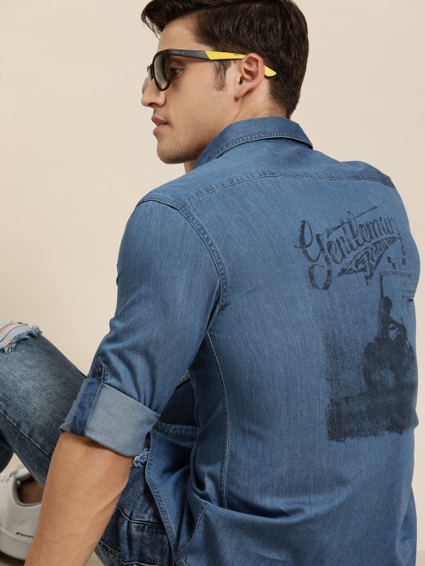 

Moda Rapido Men Blue Slim Fit Printed Back Casual Denim Shirt