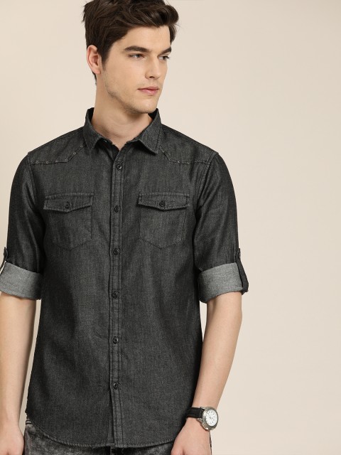 

Moda Rapido Men Black Slim Fit Solid Casual Chambray Shirt