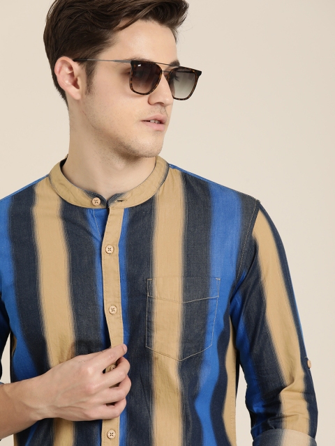 

Moda Rapido Men Navy Blue & Khaki Slim Fit Striped Casual Shirt