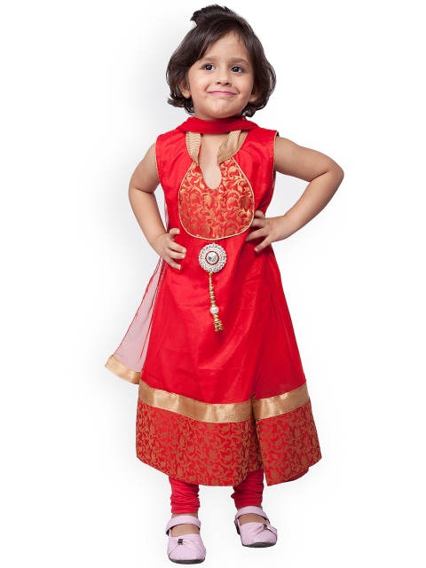 

StyleStone Girls Red Net Anarkali Churidar Kurta with Dupatta