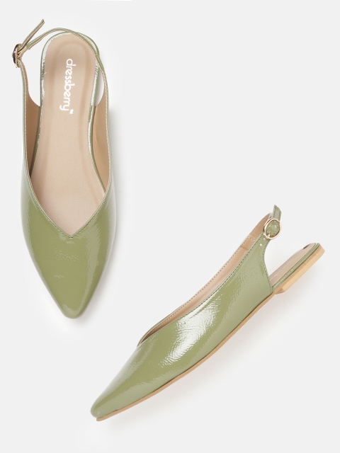 

DressBerry Women Olive Green Sheen Effect Solid Flats