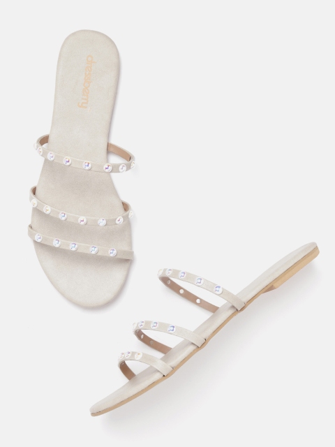 

DressBerry Women Off-White Studded Open Toe Flats