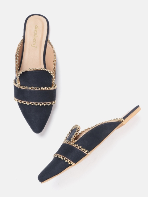 

DressBerry Women Navy Blue & Gold-Toned Beaded Mules