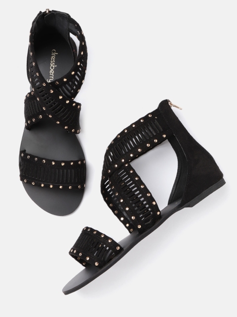 

DressBerry Women Black & Gold-Toned Cut-Work & Studded Open Toe Flats