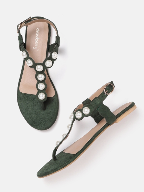 

DressBerry Women Green & White Beaded T-Strap Flats