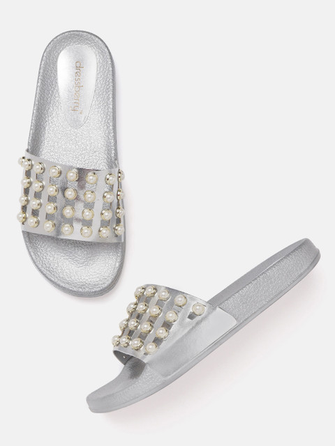 

DressBerry Women Silver-Toned & Off-White Beaded Open Toe Flats with Cut-Work Detail